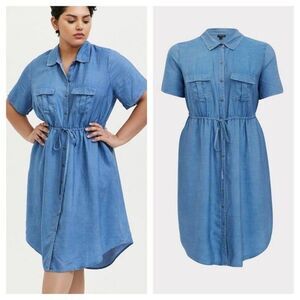 Torrid Blue Chambray Button Front Drawstring Shirt Dress
